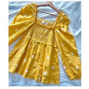 Trovata Gold Linen Dotted Smocked Puff Sleeve Top